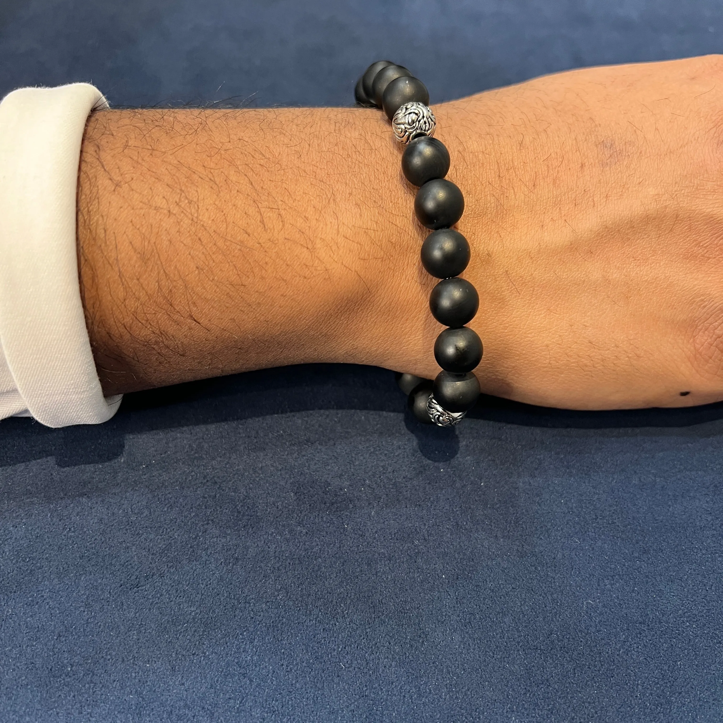 Stainless Steel Antiqued Black Agate Beaded Bracelet