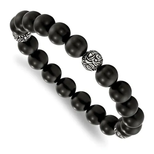 Stainless Steel Antiqued Black Agate Beaded Bracelet