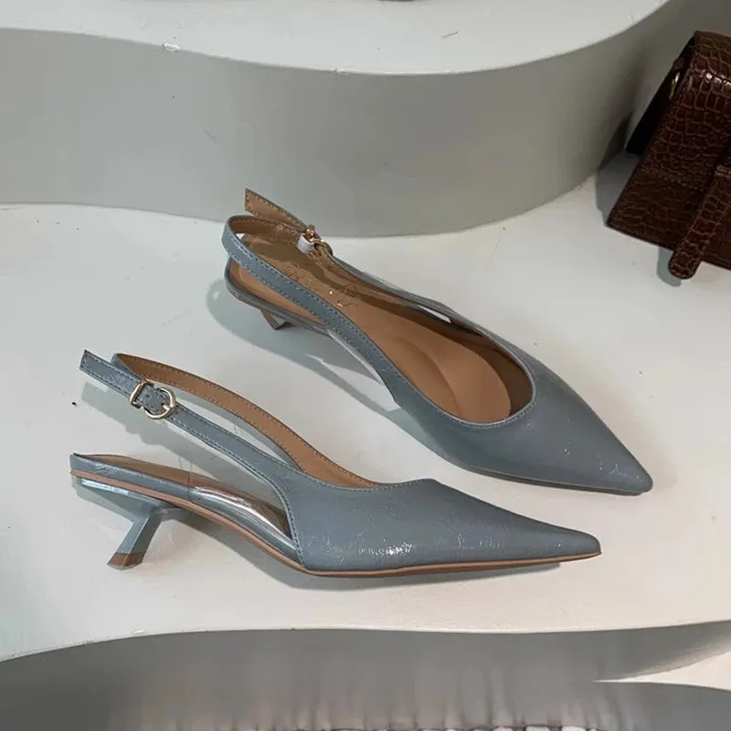 SUOJIALUN Summer New Women Sandal Fashion Pointed Toe Shallow Slip On Ladies Elegant Slingback Shoes Thin Med Heel Dress Mules