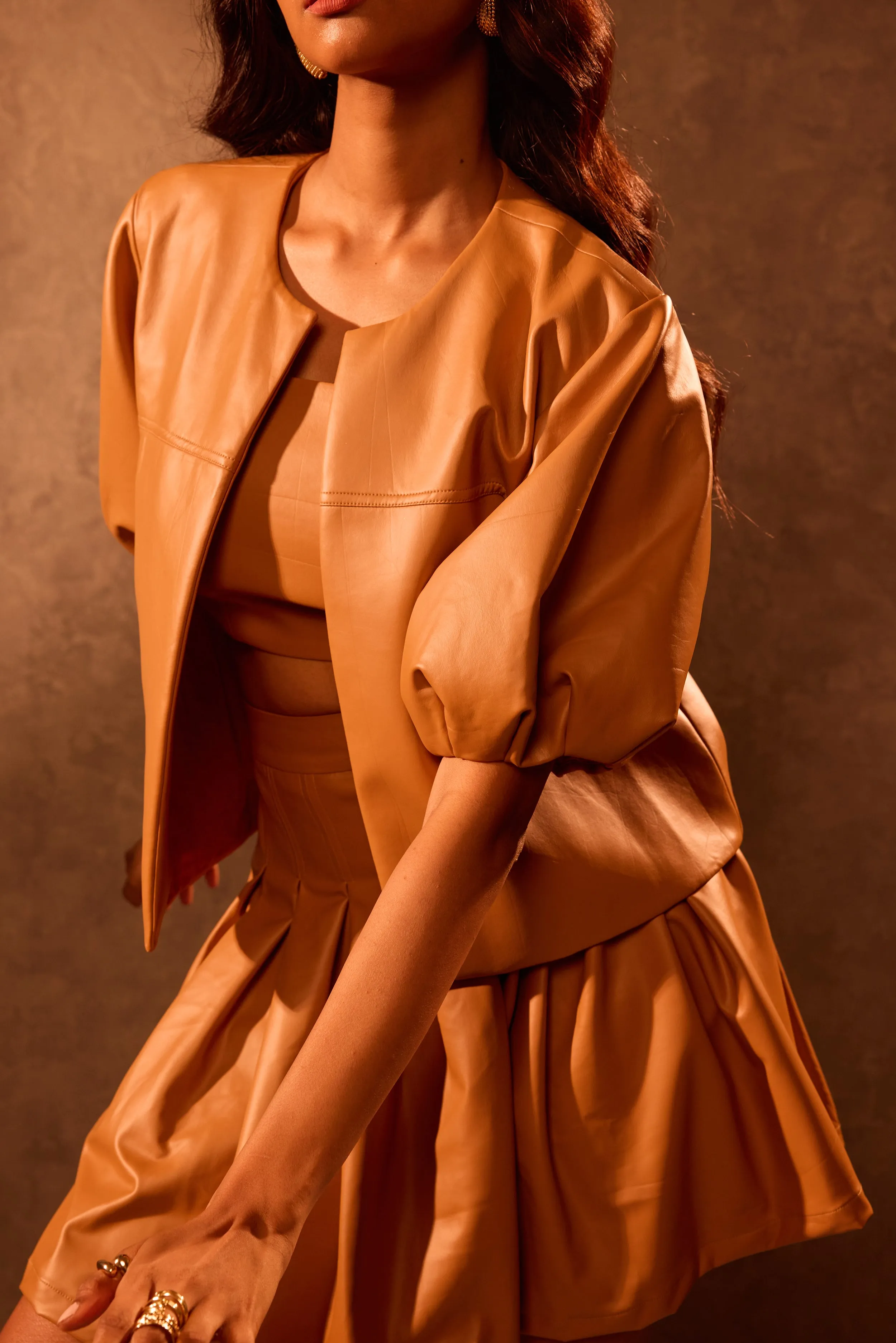 Tan Faux Leather Bubble Sleeve Crop Jacket & Box Pleat Mini Skirt