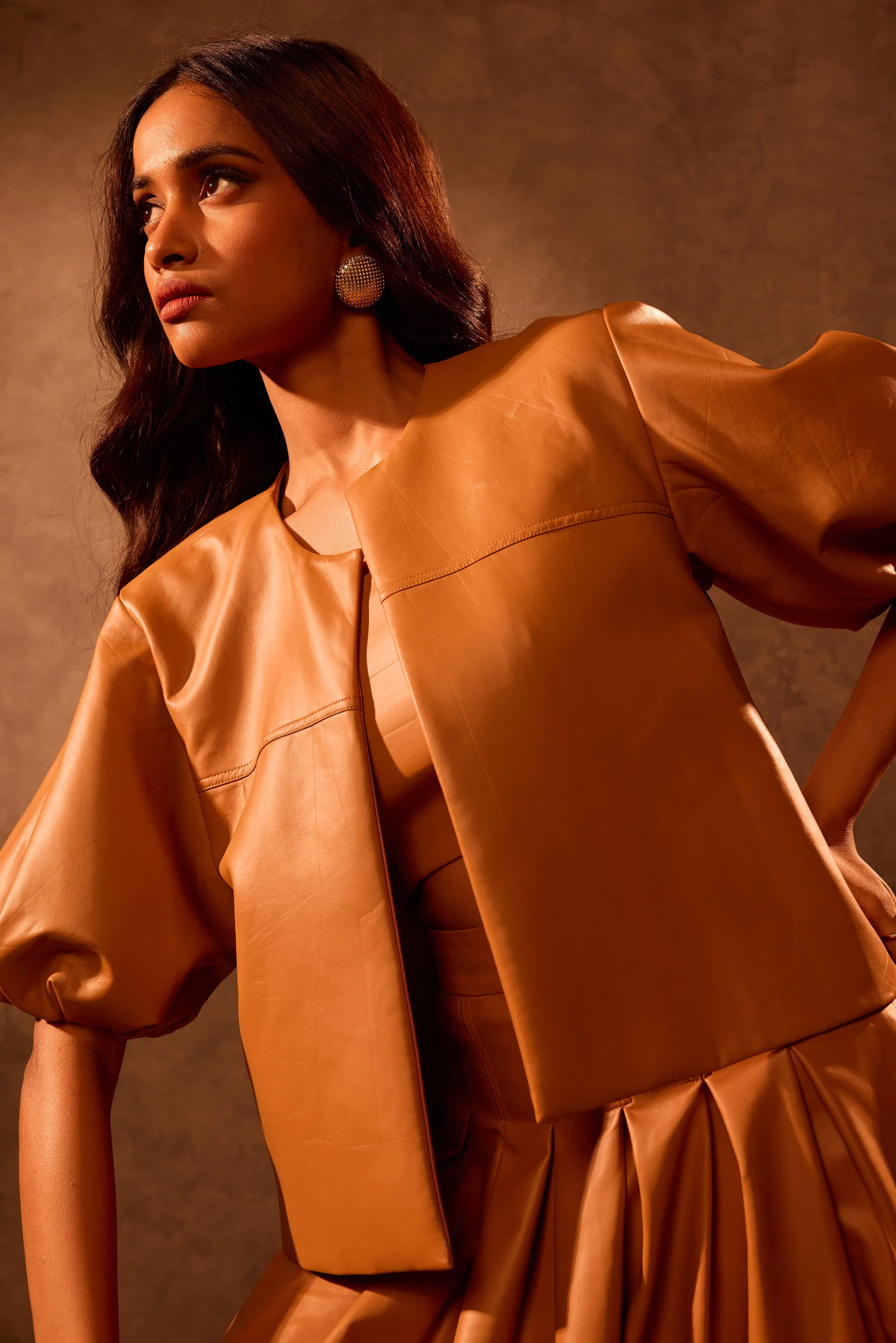 Tan Faux Leather Bubble Sleeve Crop Jacket & Box Pleat Mini Skirt