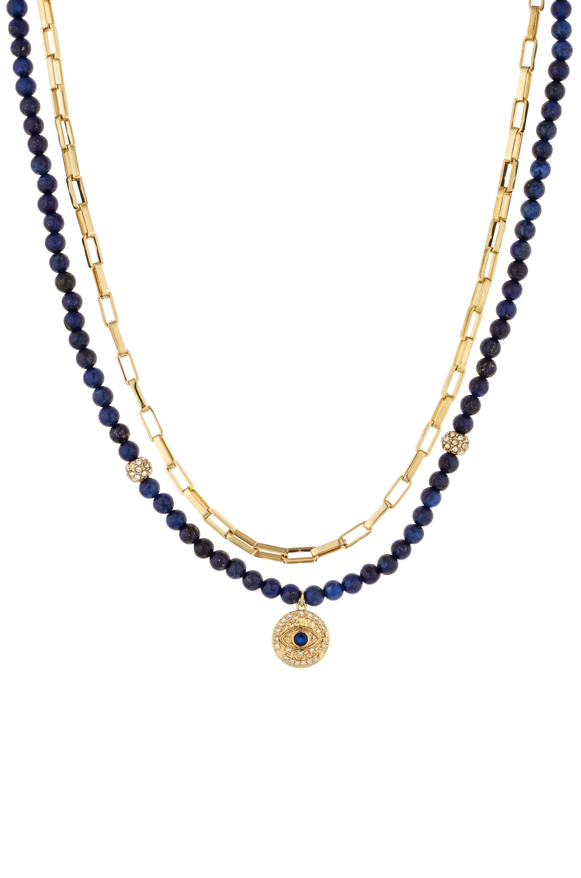 The Perfect Pair Lapis Bead and Third Eye Charm 18k Gold Plated Necklace Set
