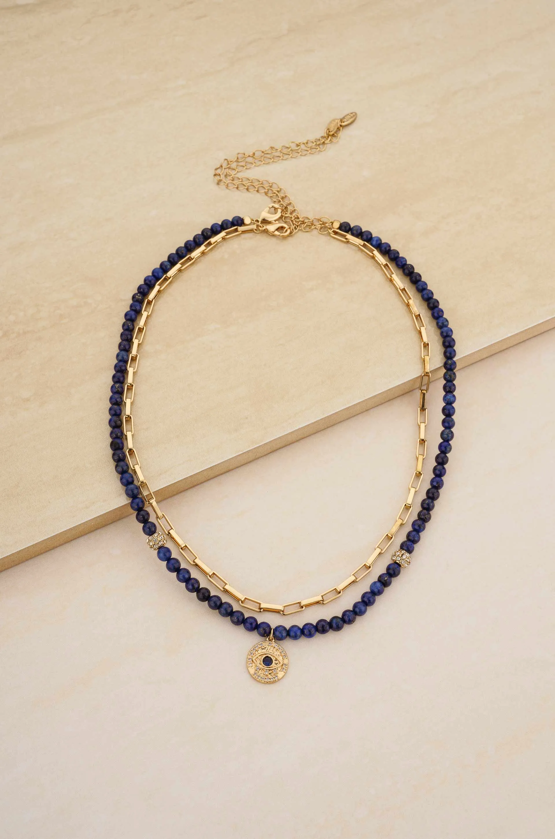 The Perfect Pair Lapis Bead and Third Eye Charm 18k Gold Plated Necklace Set