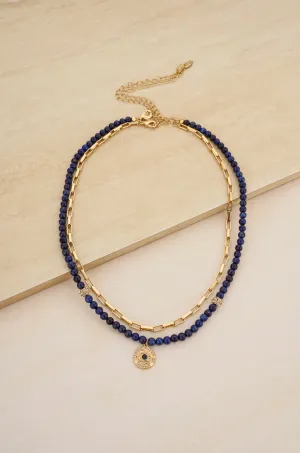 The Perfect Pair Lapis Bead and Third Eye Charm 18k Gold Plated Necklace Set