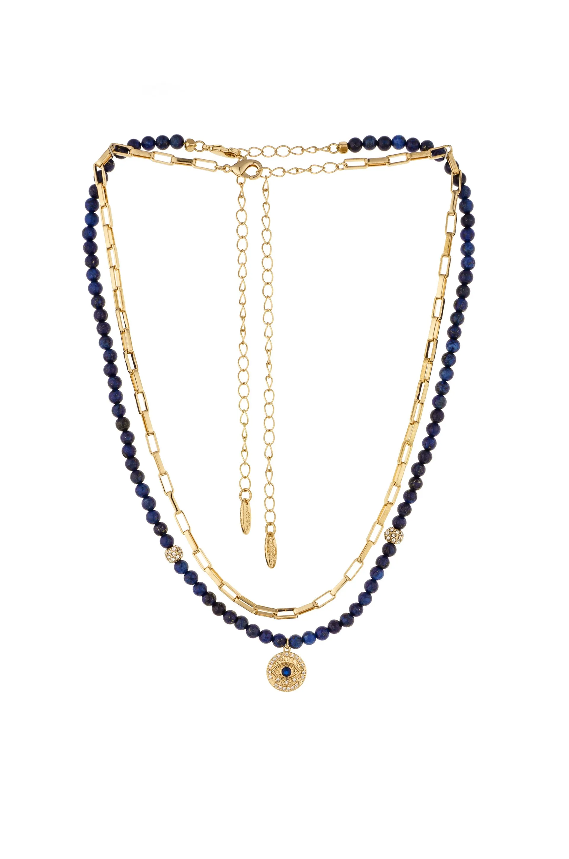 The Perfect Pair Lapis Bead and Third Eye Charm 18k Gold Plated Necklace Set