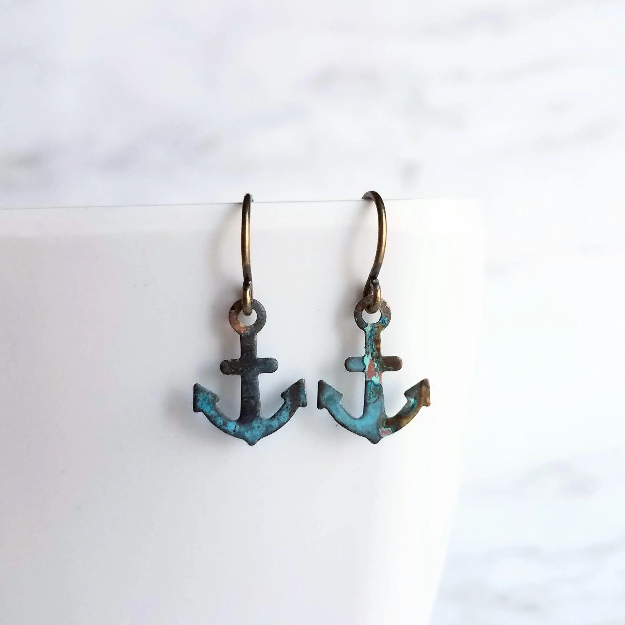 Tiny Anchor Earrings, rustic anchor earring, patina anchor earring, anchor dangle, verdigris patina earring, blue green bronze rust, small