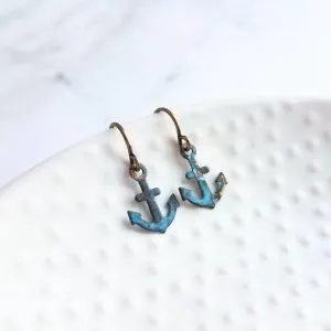 Tiny Anchor Earrings, rustic anchor earring, patina anchor earring, anchor dangle, verdigris patina earring, blue green bronze rust, small