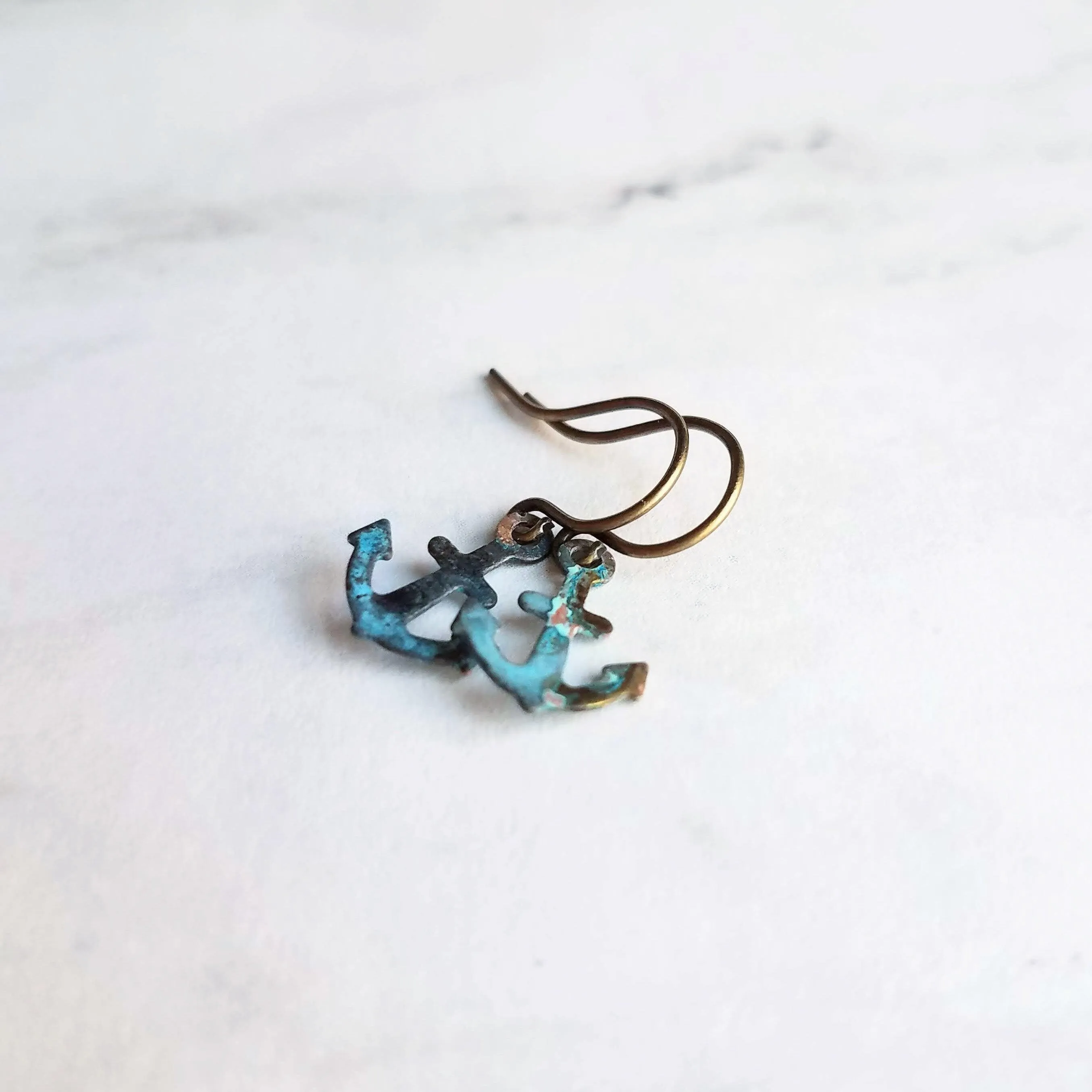 Tiny Anchor Earrings, rustic anchor earring, patina anchor earring, anchor dangle, verdigris patina earring, blue green bronze rust, small