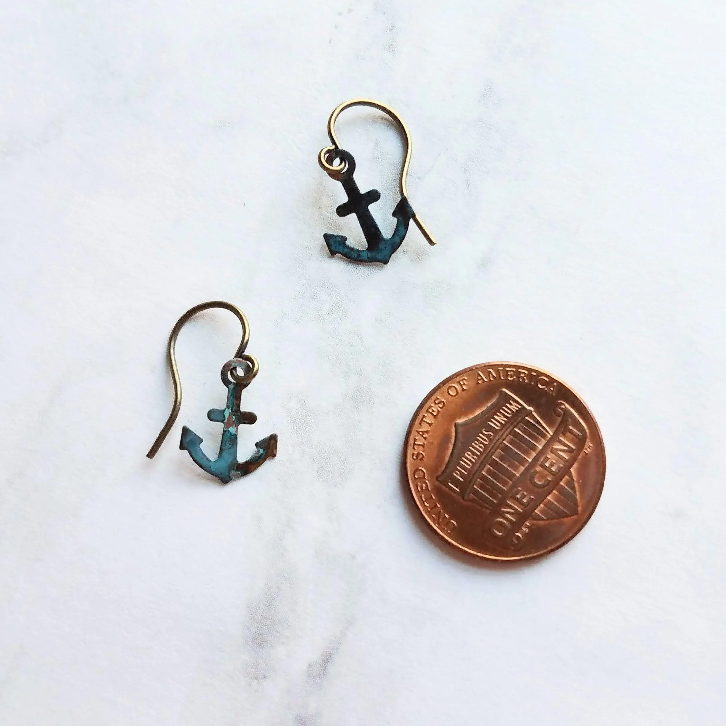 Tiny Anchor Earrings, rustic anchor earring, patina anchor earring, anchor dangle, verdigris patina earring, blue green bronze rust, small