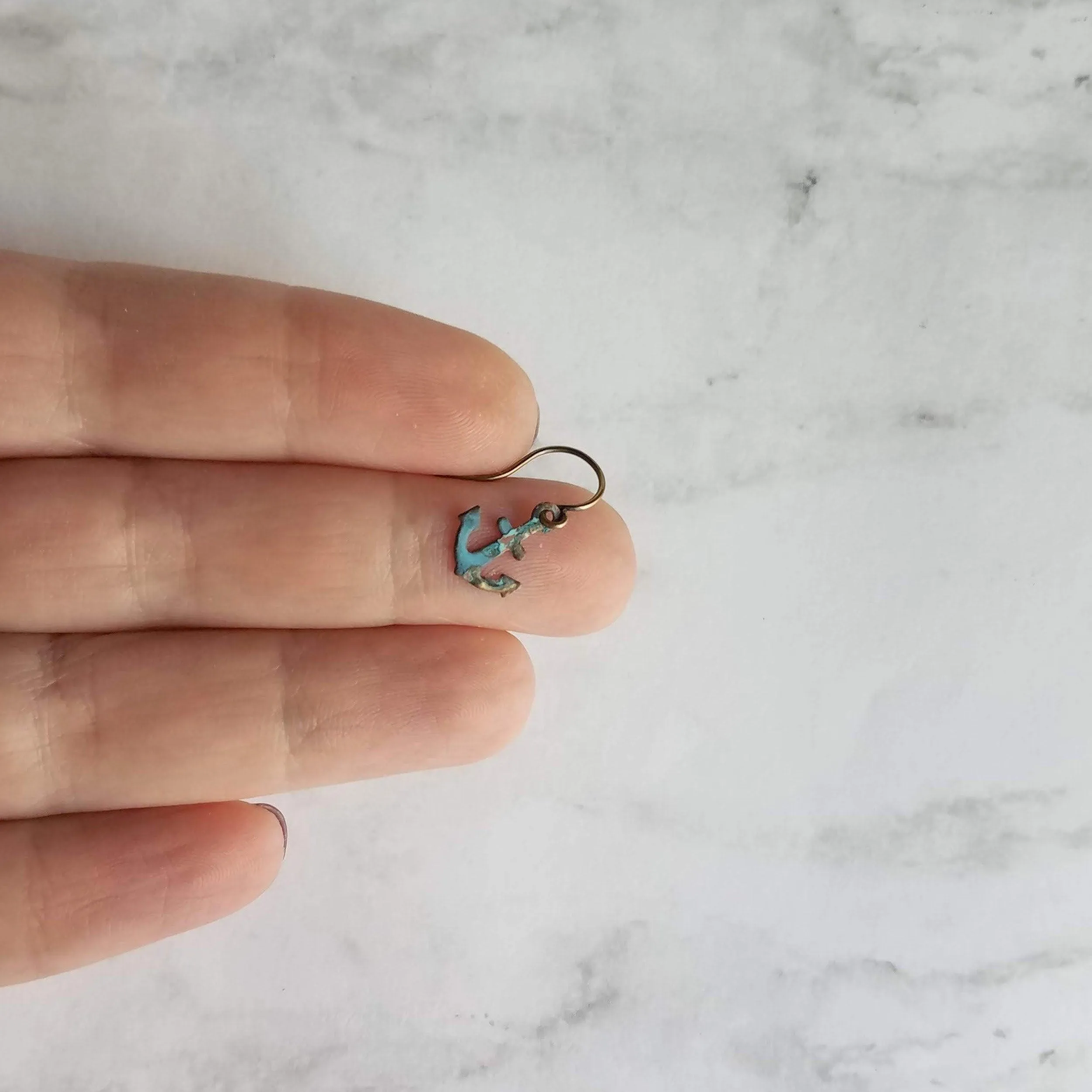 Tiny Anchor Earrings, rustic anchor earring, patina anchor earring, anchor dangle, verdigris patina earring, blue green bronze rust, small