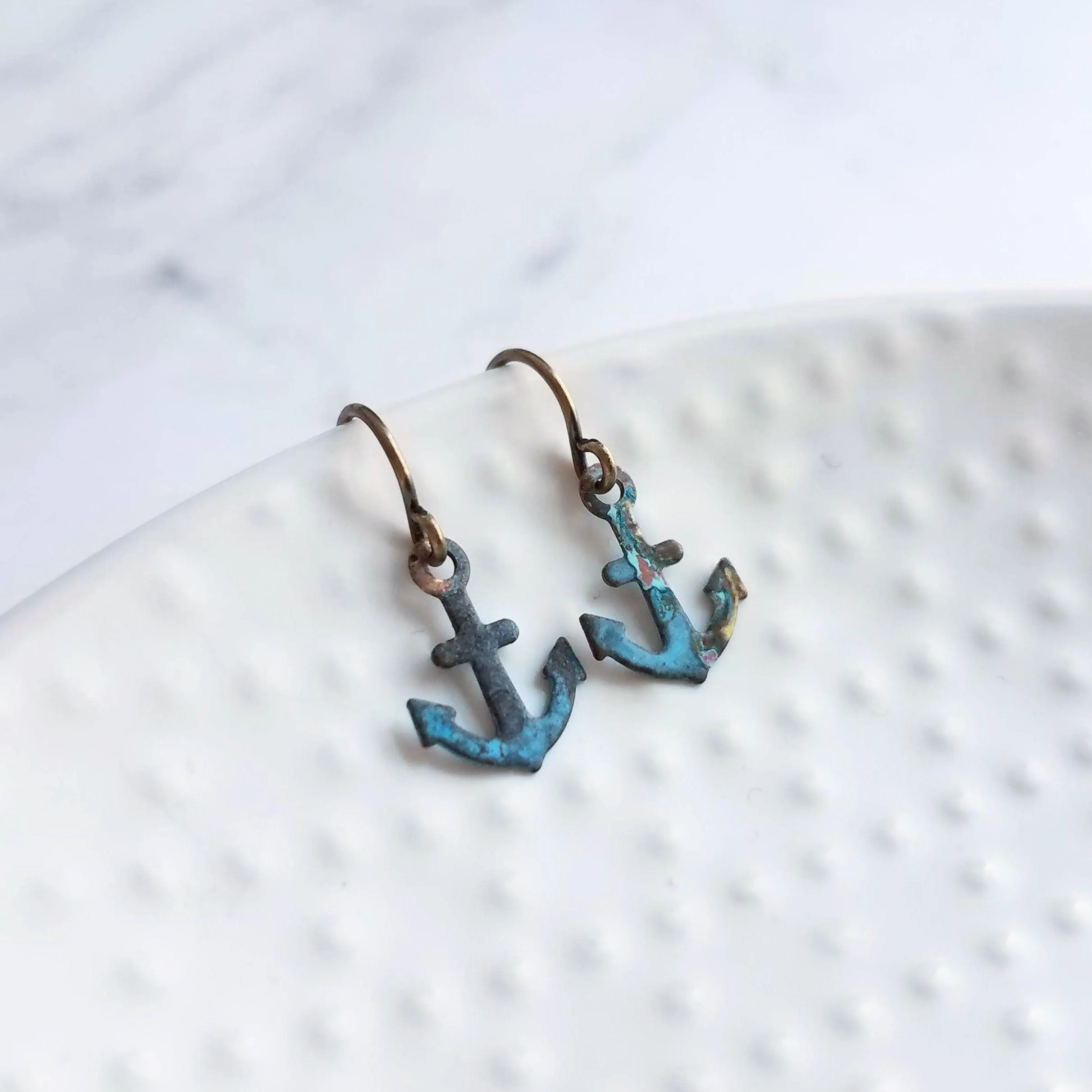 Tiny Anchor Earrings, rustic anchor earring, patina anchor earring, anchor dangle, verdigris patina earring, blue green bronze rust, small