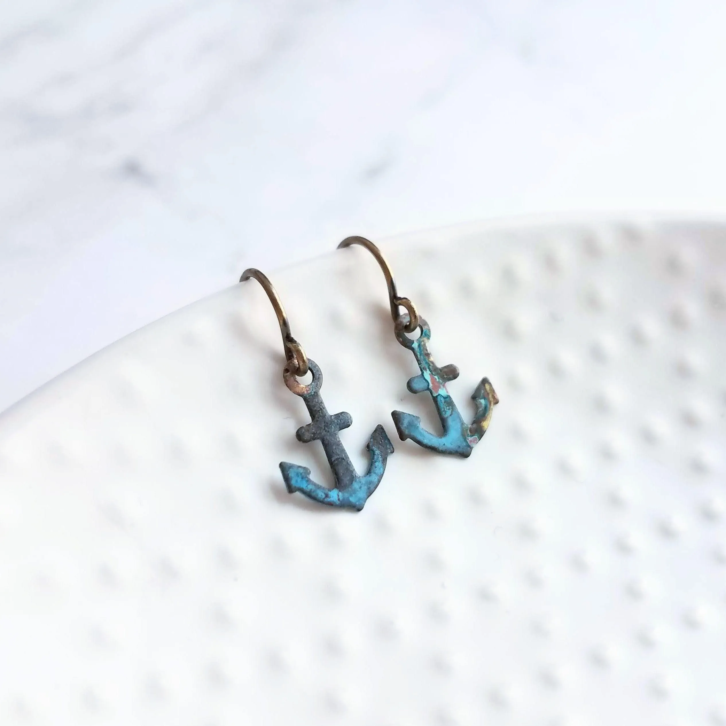 Tiny Anchor Earrings, rustic anchor earring, patina anchor earring, anchor dangle, verdigris patina earring, blue green bronze rust, small