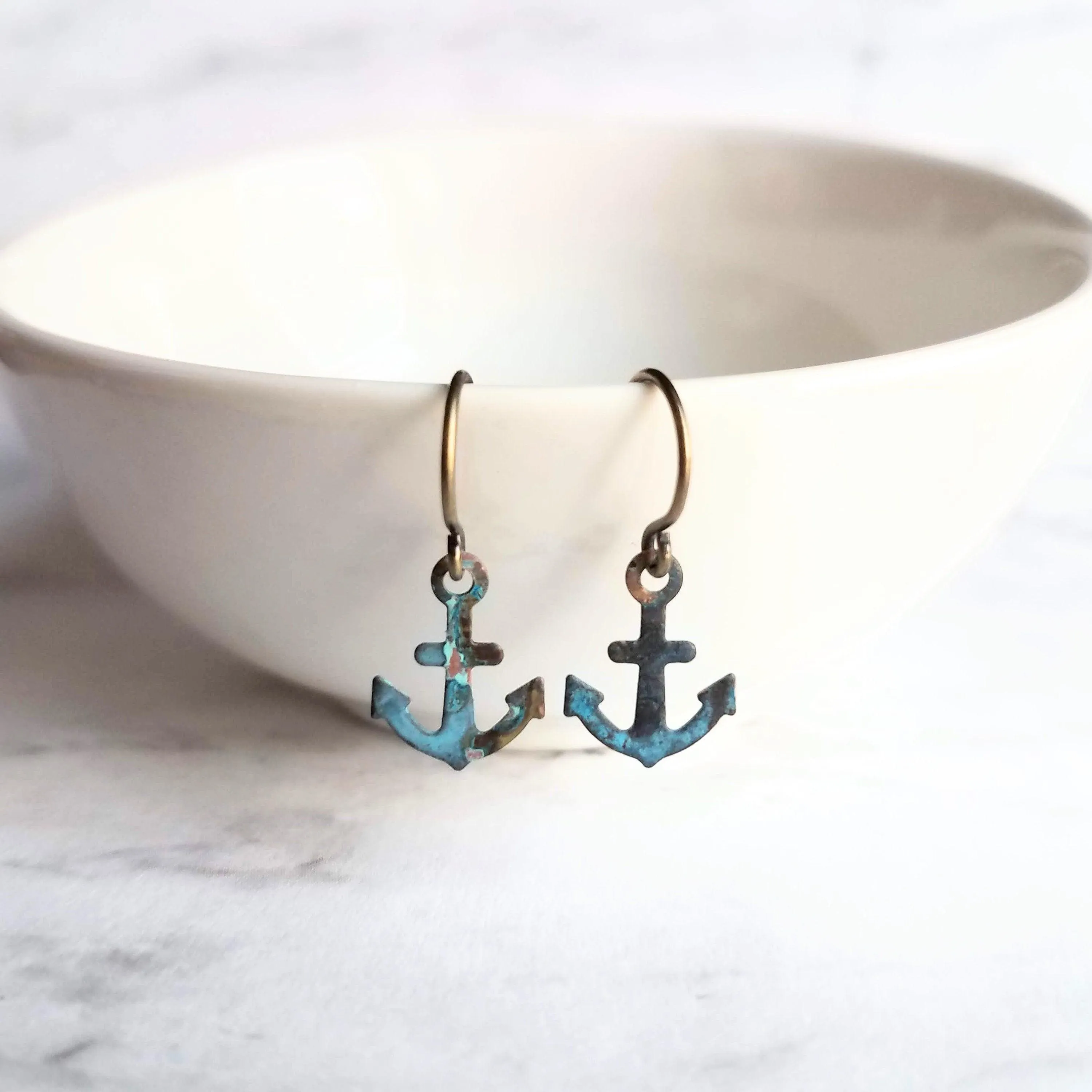 Tiny Anchor Earrings, rustic anchor earring, patina anchor earring, anchor dangle, verdigris patina earring, blue green bronze rust, small
