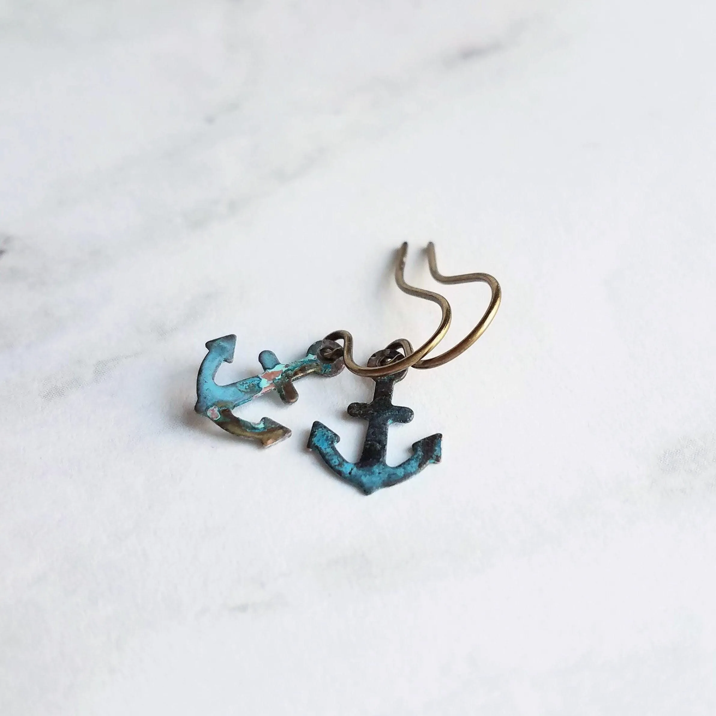 Tiny Anchor Earrings, rustic anchor earring, patina anchor earring, anchor dangle, verdigris patina earring, blue green bronze rust, small