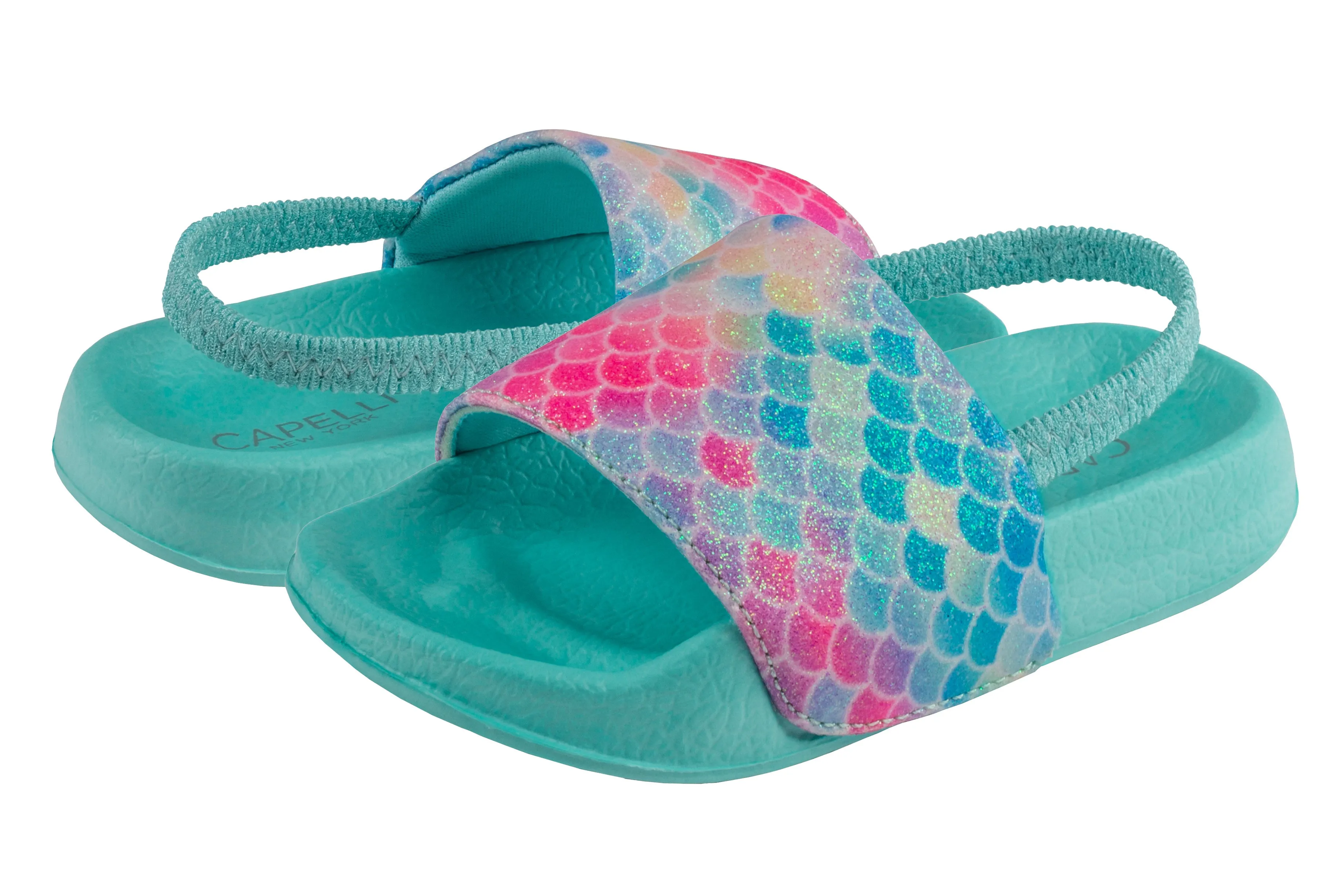 Toddler Girls Pastel Glitter Rainbow Mermaid Slide with Elastic Backstrap