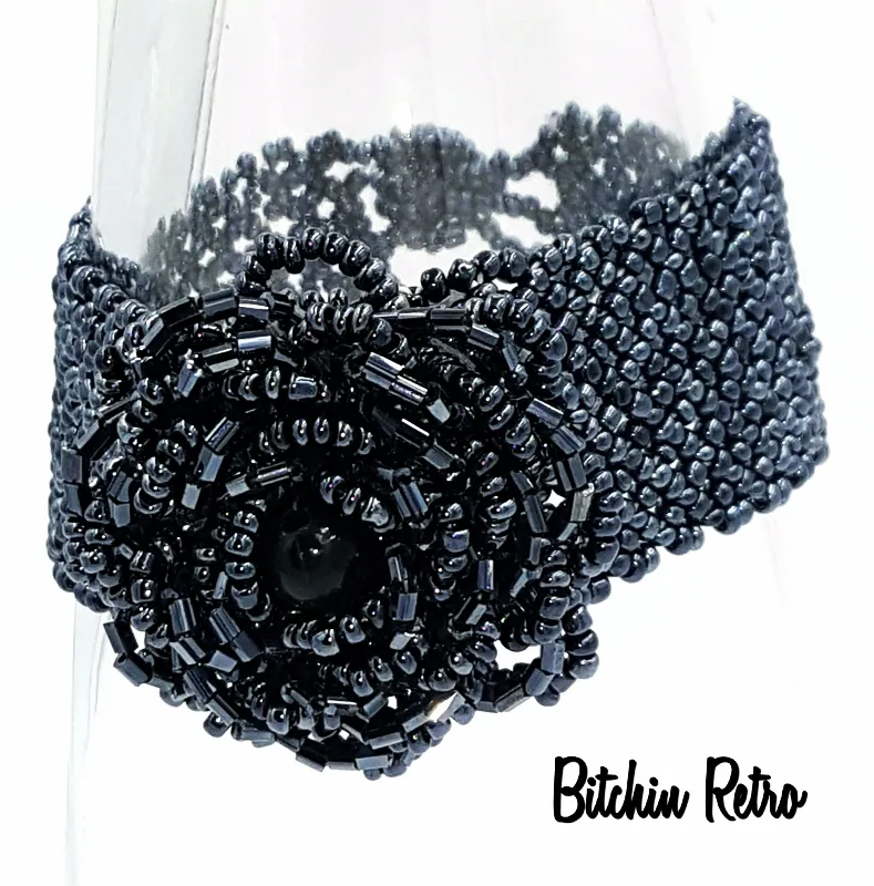 Victorian Beaded Bracelet and Seed Bead Rose with Gothic Dramatic Style
