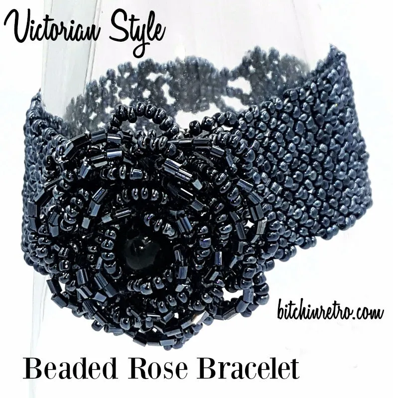 Victorian Beaded Bracelet and Seed Bead Rose with Gothic Dramatic Style