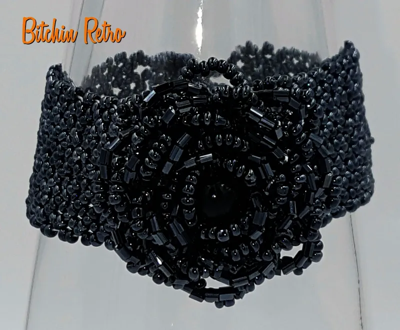 Victorian Beaded Bracelet and Seed Bead Rose with Gothic Dramatic Style