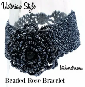 Victorian Beaded Bracelet and Seed Bead Rose with Gothic Dramatic Style