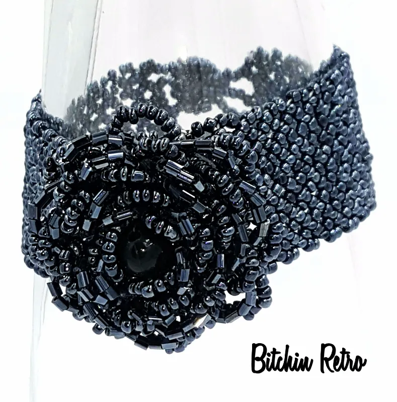 Victorian Beaded Bracelet and Seed Bead Rose with Gothic Dramatic Style