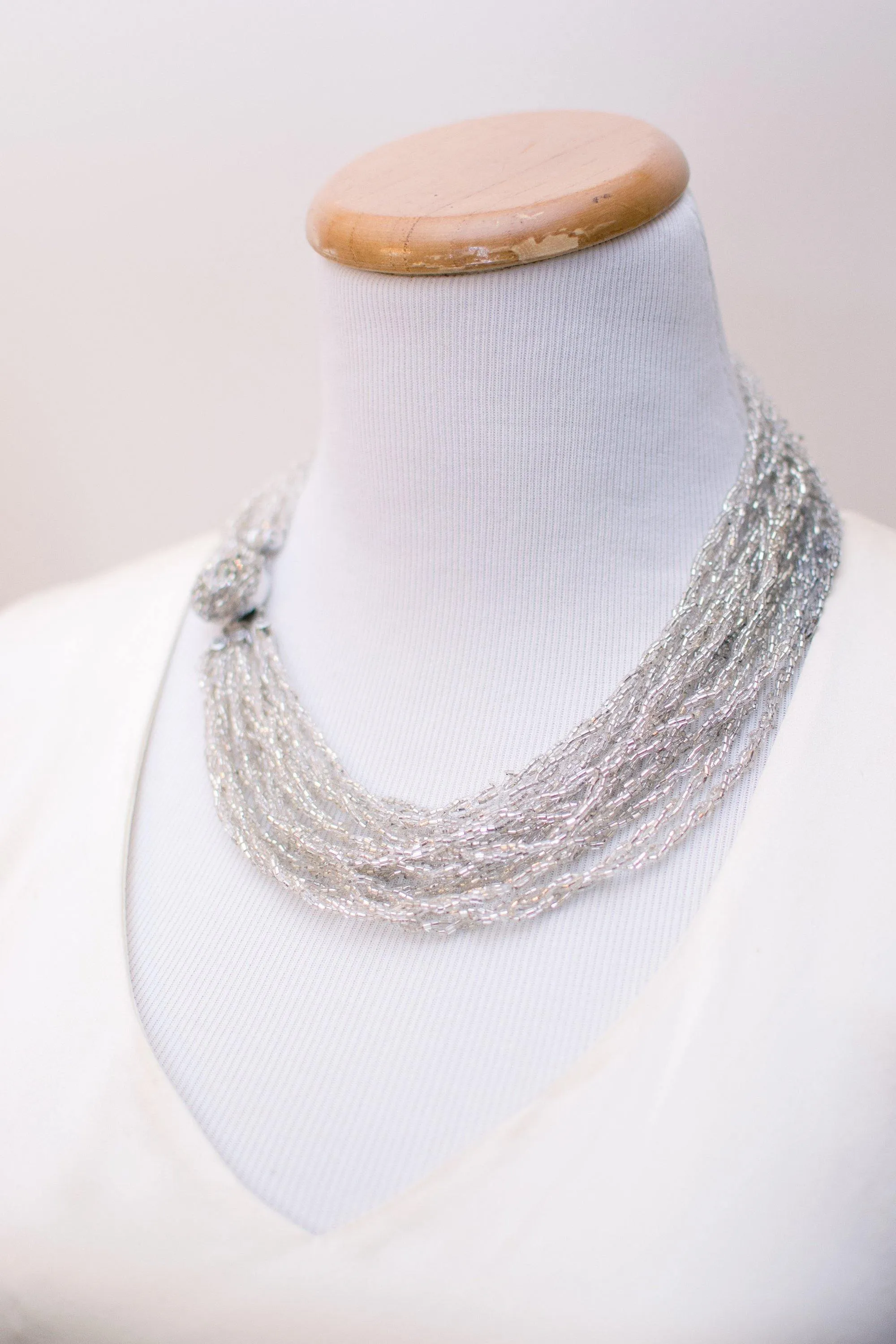 Vintage Made in Japan Silver Glitter Bead Multi Strand Torsade Necklace
