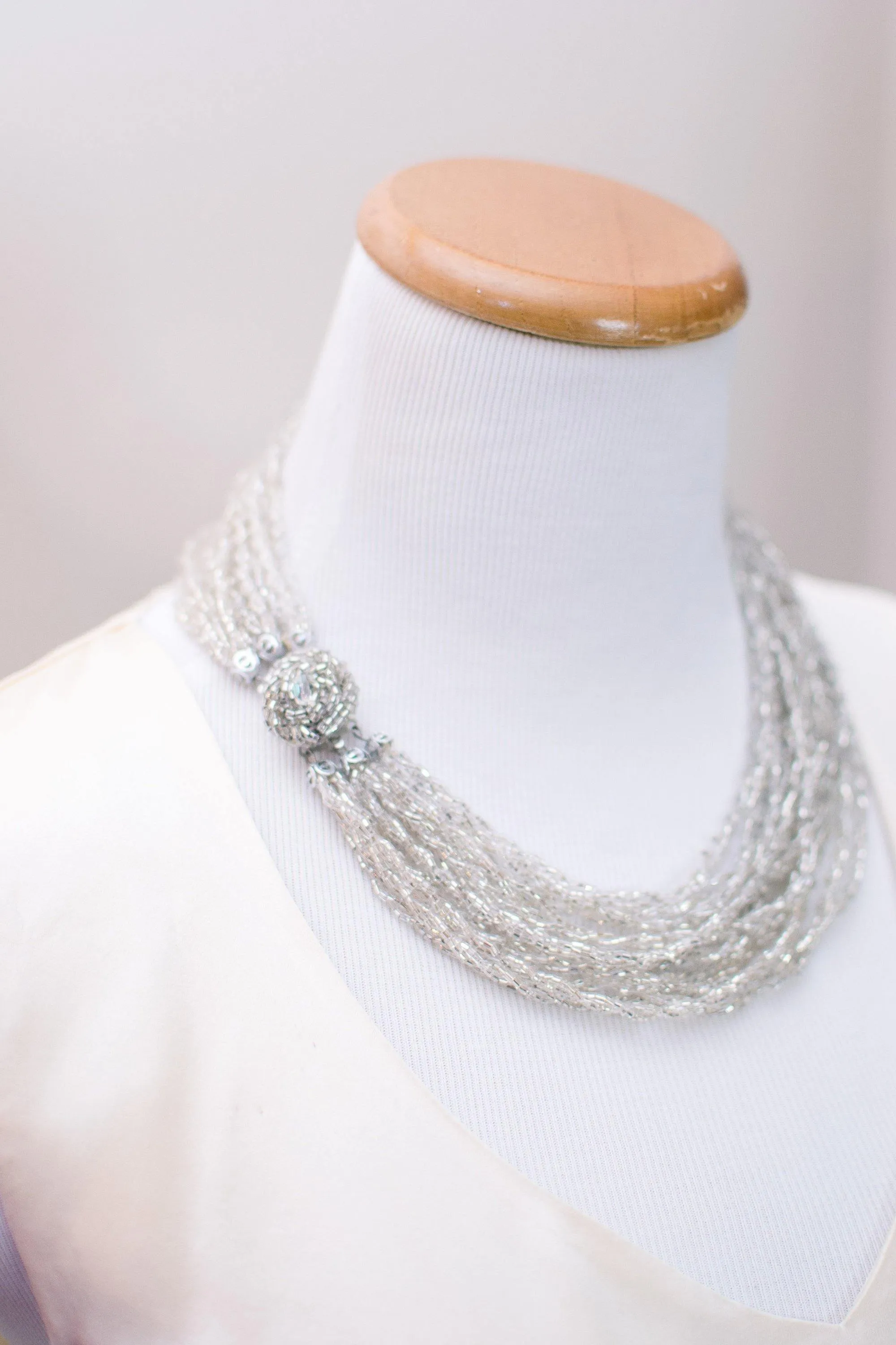 Vintage Made in Japan Silver Glitter Bead Multi Strand Torsade Necklace