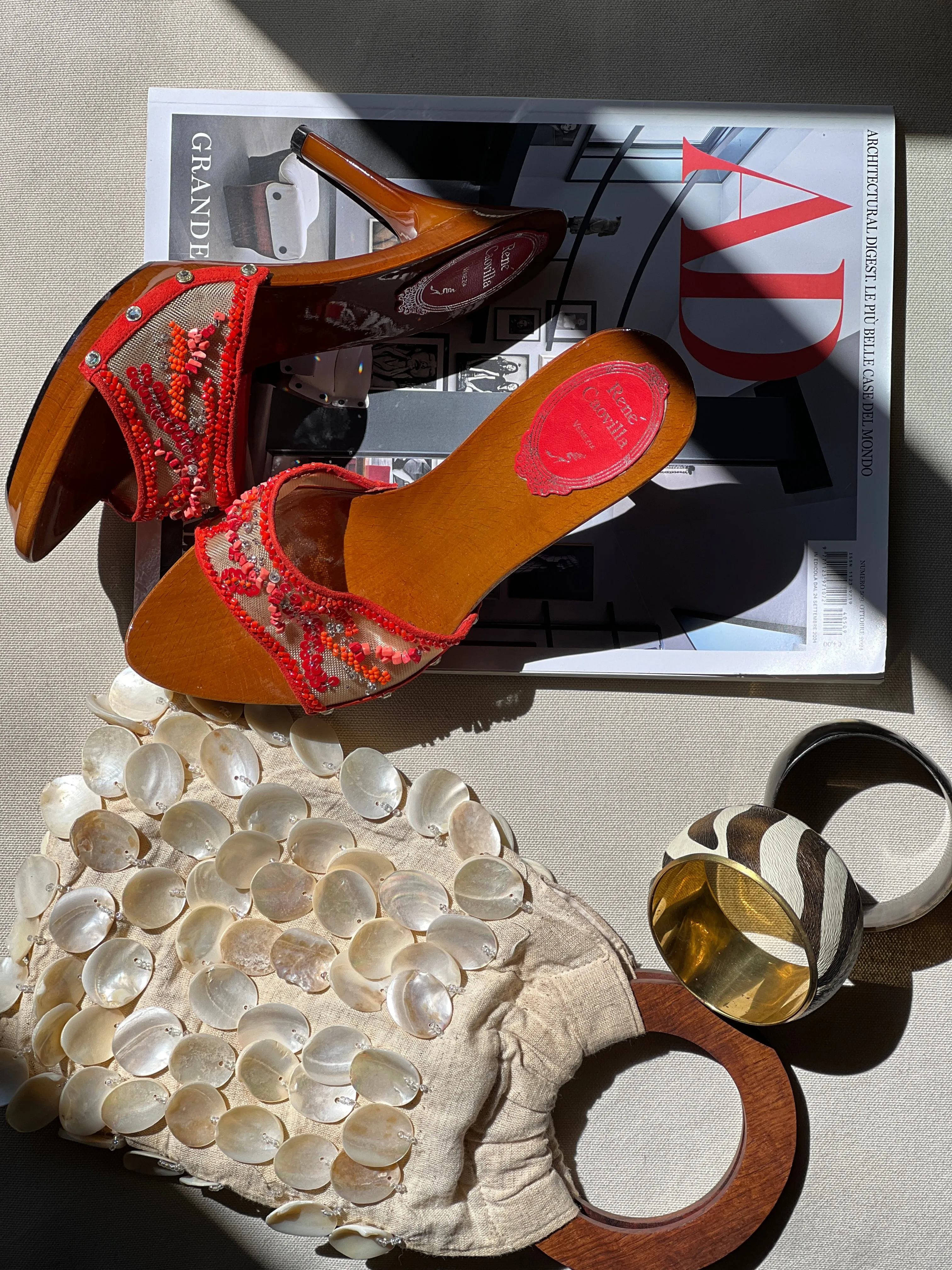 Vintage Rene Caovilla mesh red beaded mule heels / 36
