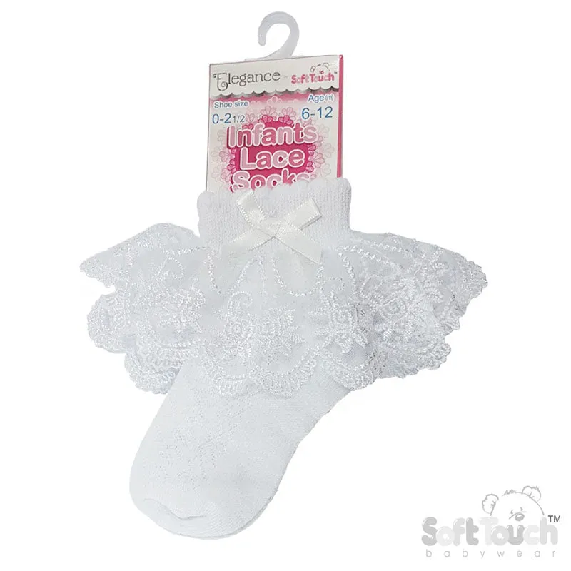 WHITE ANKLE SOCKS W/WHITE FLORAL LACE & BOW (0-24 Months) S346-W