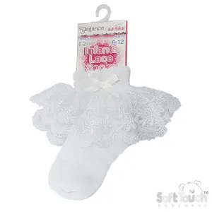 WHITE ANKLE SOCKS W/WHITE FLORAL LACE & BOW (0-24 Months) S346-W