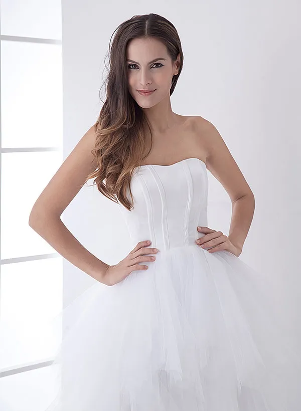 White Classic Strapless Satin High Low Wedding Dress