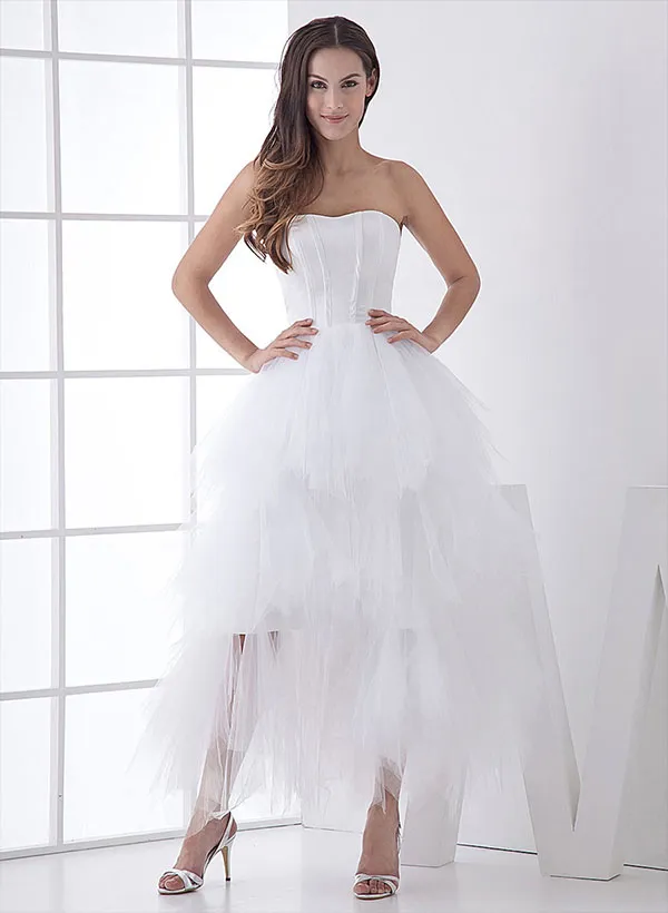 White Classic Strapless Satin High Low Wedding Dress