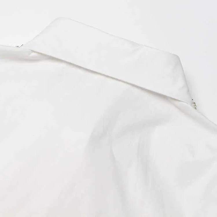 Women Beading Buttons White Blouse Pleated Bubble Sleeve Shirt White Shirt
