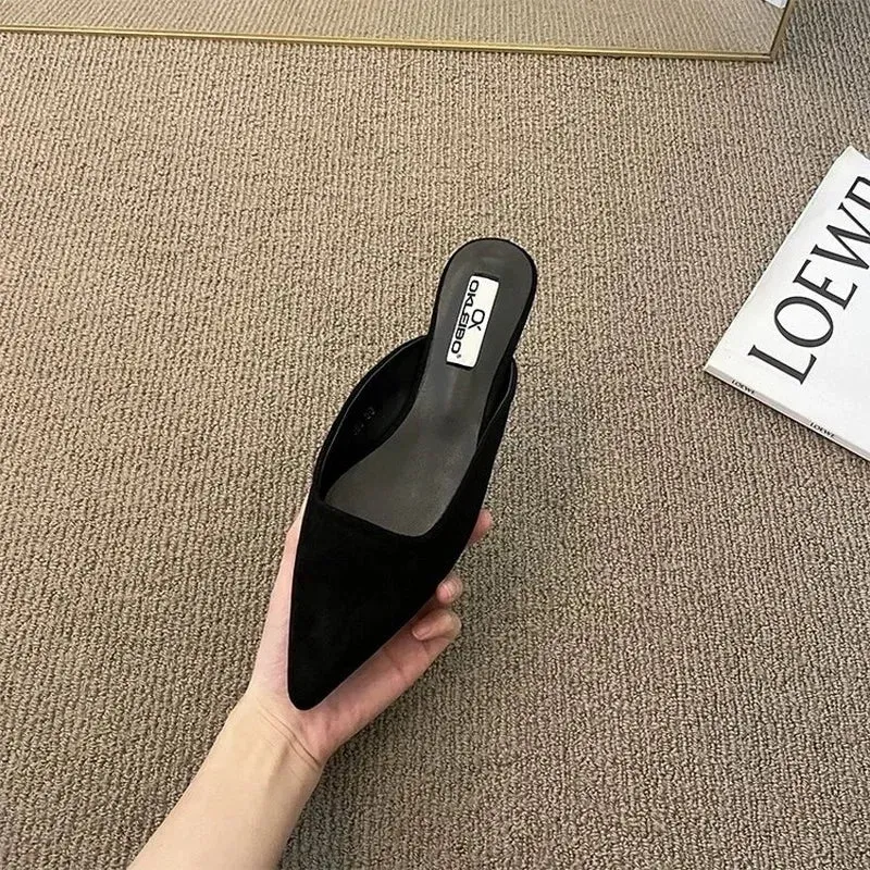 Women Slippers Pointed Toe Leopard Design Shallow Slip on Thin Low Heels Black Flock Design Casual Mules Loafers Black Outdoor