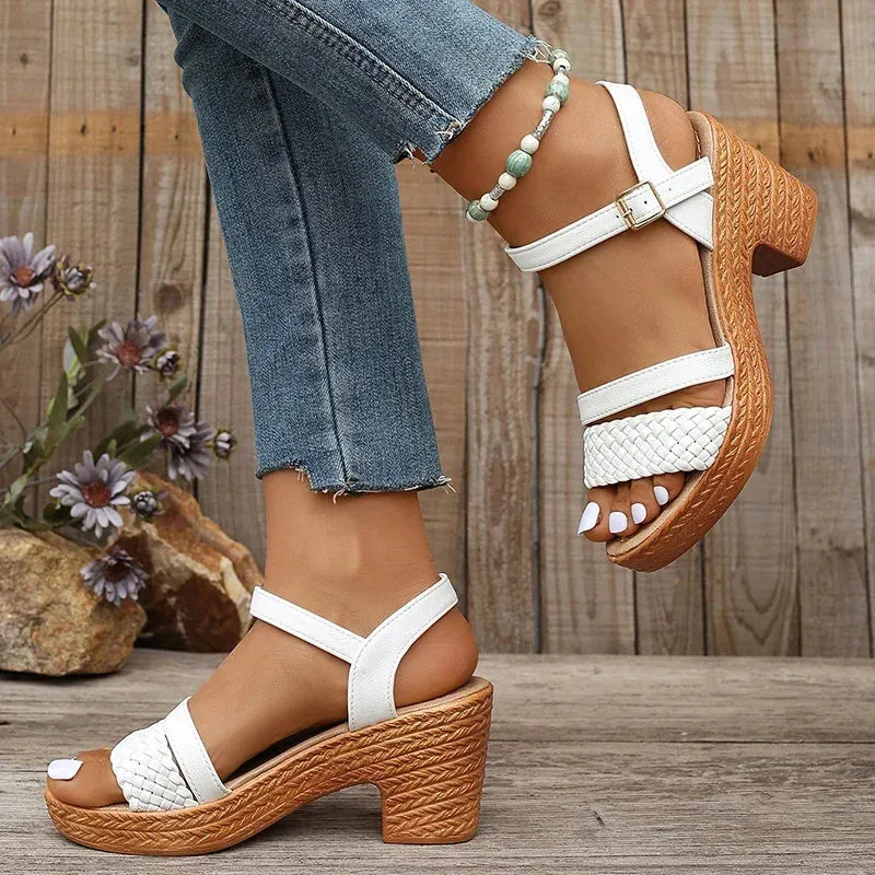Women's Braided Chunky Heel Sandals Summer 2025 Ankle Strap Platform Gladiator Sandals Woman Fashion Woven High Heeled Sandalias