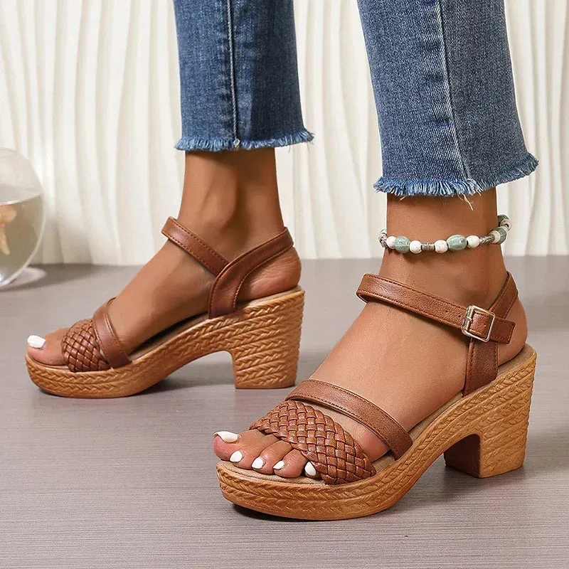 Women's Braided Chunky Heel Sandals Summer 2025 Ankle Strap Platform Gladiator Sandals Woman Fashion Woven High Heeled Sandalias
