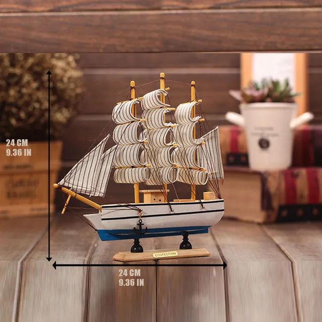 Wooden Ship Model Nautical Decor Home Crafts Figurines Miniatures Marine Blue Wooden Sailing Ship Wood Boat Decoration Crafts