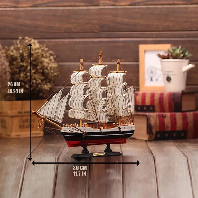 Wooden Ship Model Nautical Decor Home Crafts Figurines Miniatures Marine Blue Wooden Sailing Ship Wood Boat Decoration Crafts