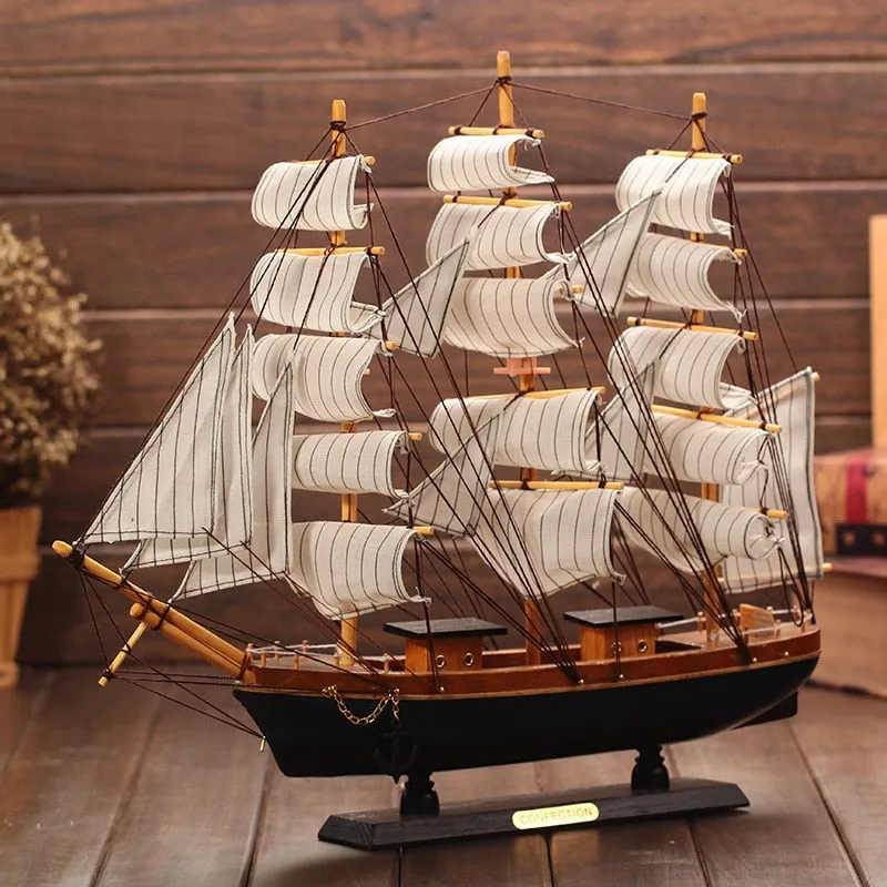 Wooden Ship Model Nautical Decor Home Crafts Figurines Miniatures Marine Blue Wooden Sailing Ship Wood Boat Decoration Crafts