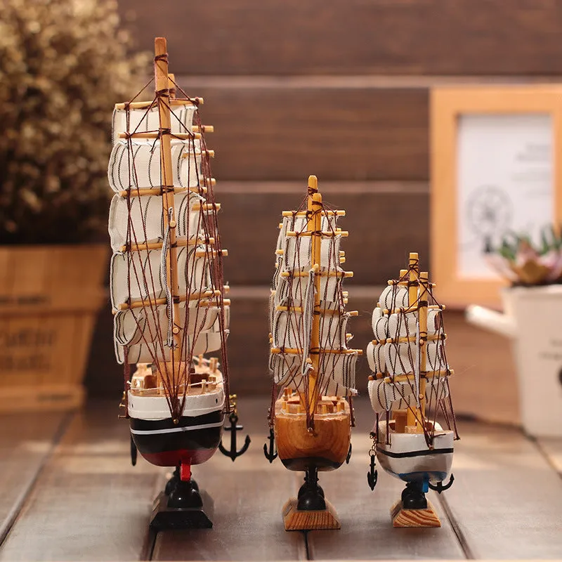 Wooden Ship Model Nautical Decor Home Crafts Figurines Miniatures Marine Blue Wooden Sailing Ship Wood Boat Decoration Crafts