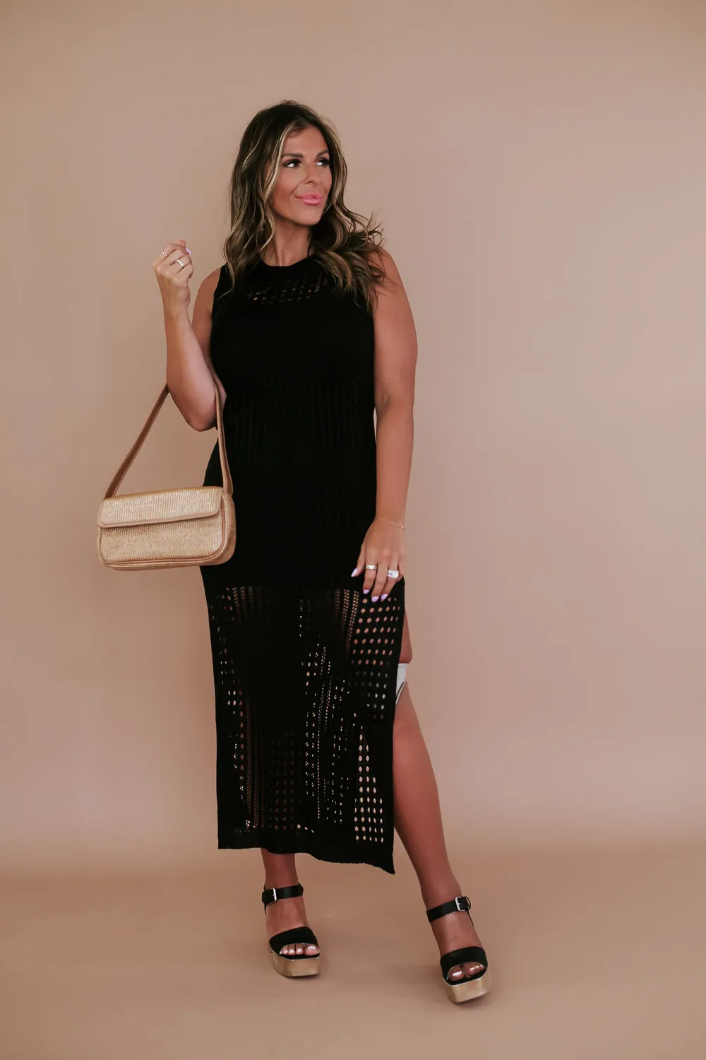 Woven Midi Dress, Black