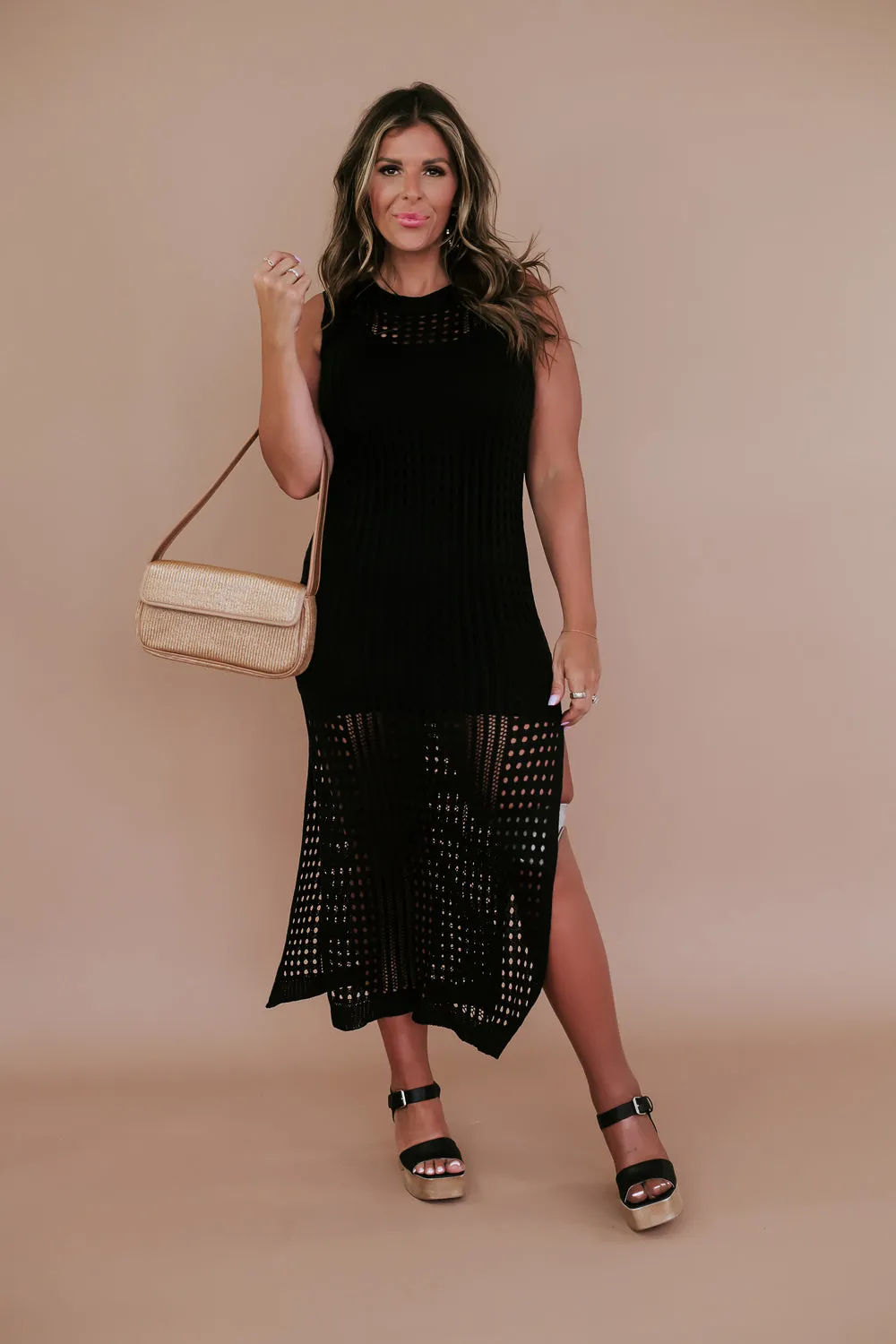 Woven Midi Dress, Black