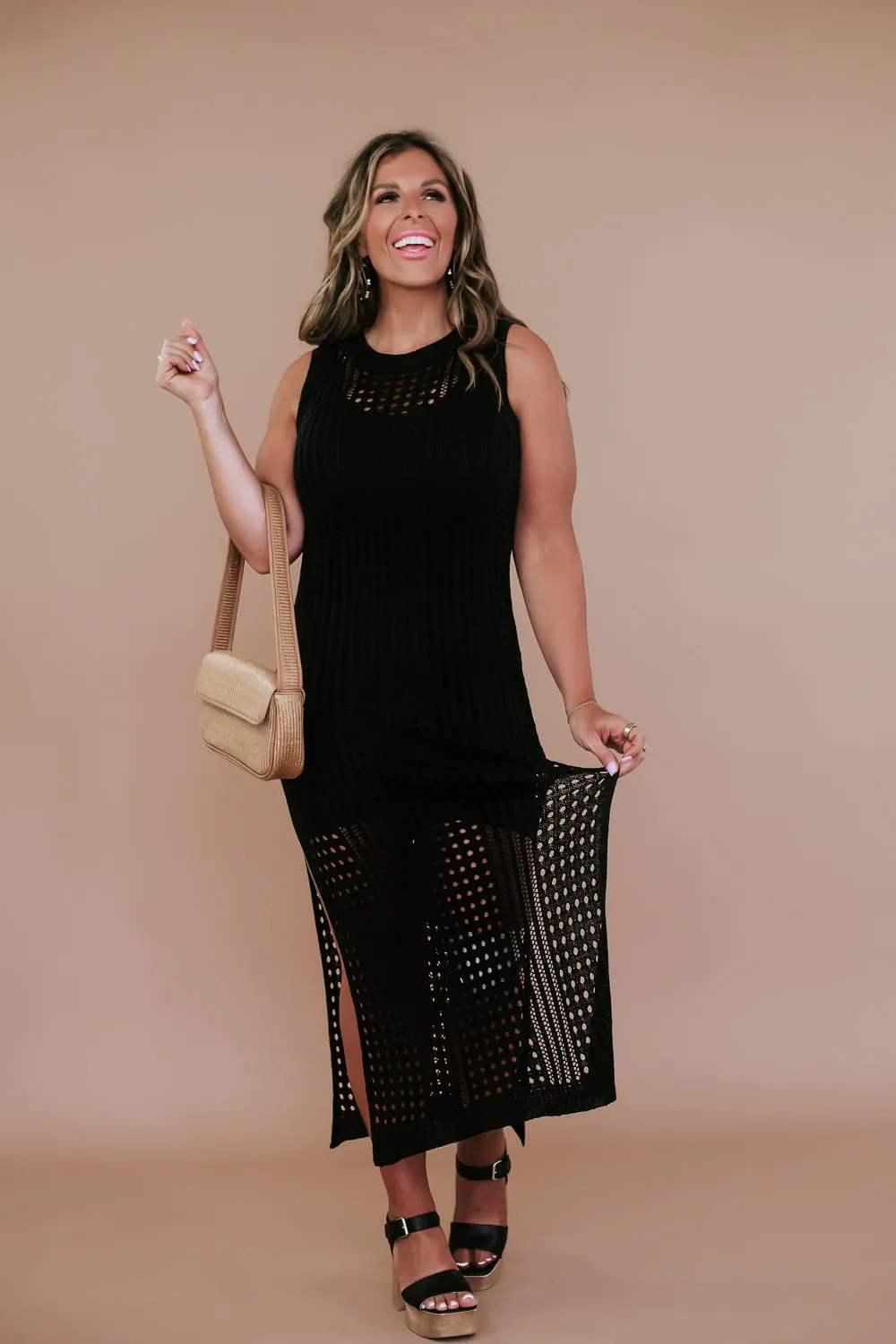 Woven Midi Dress, Black