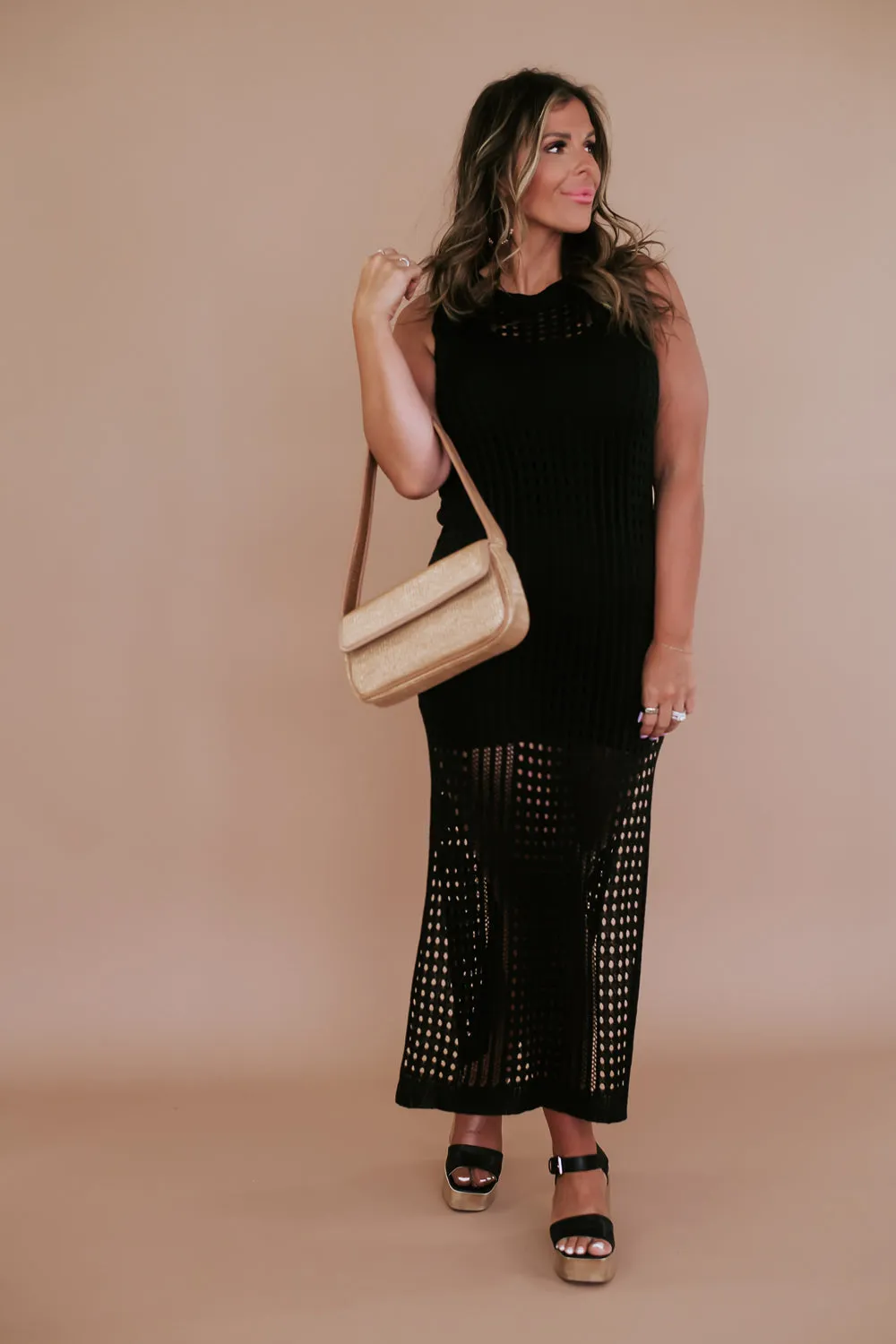 Woven Midi Dress, Black