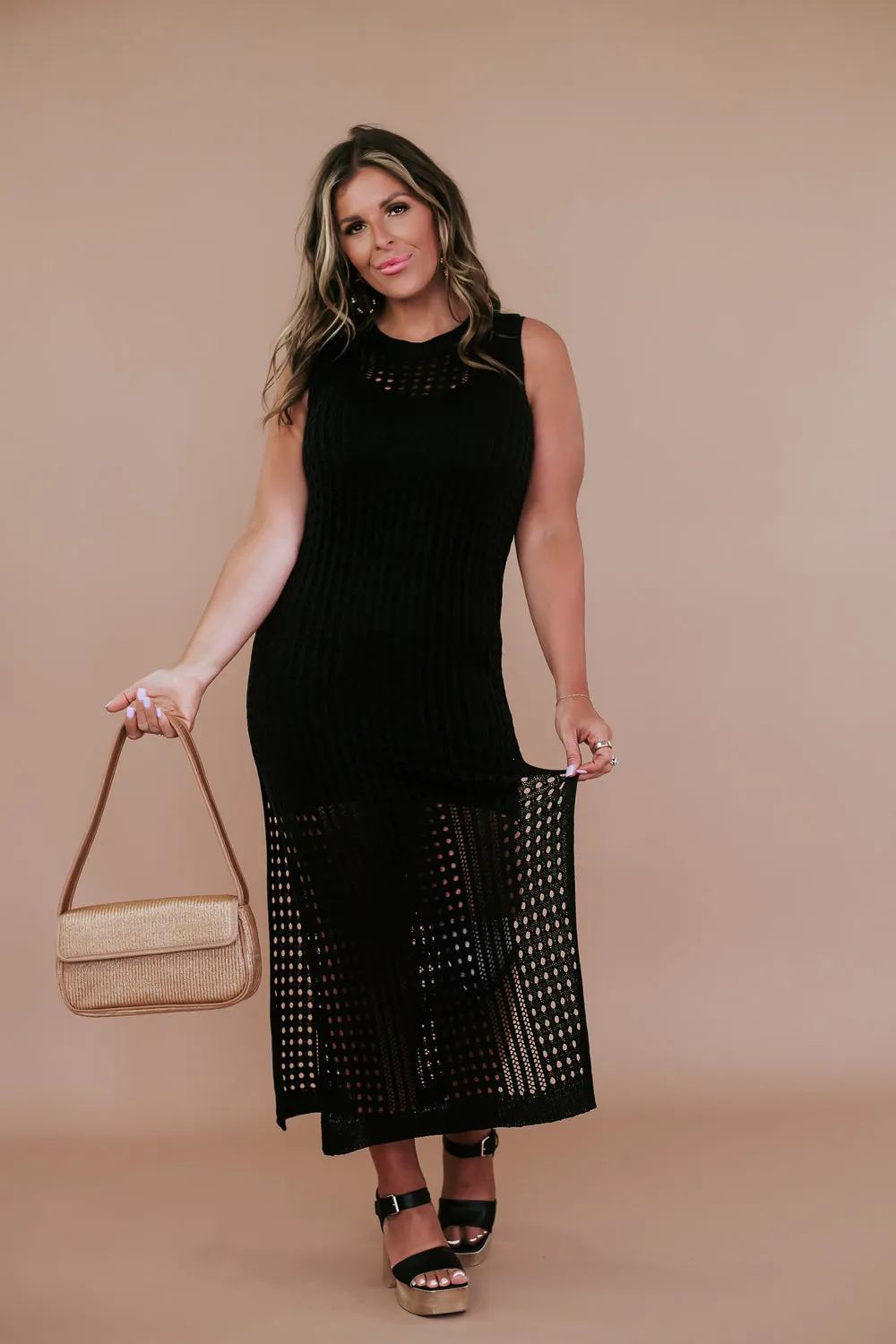 Woven Midi Dress, Black