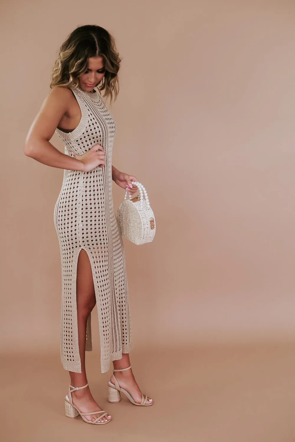 Woven Midi Dress, Tan