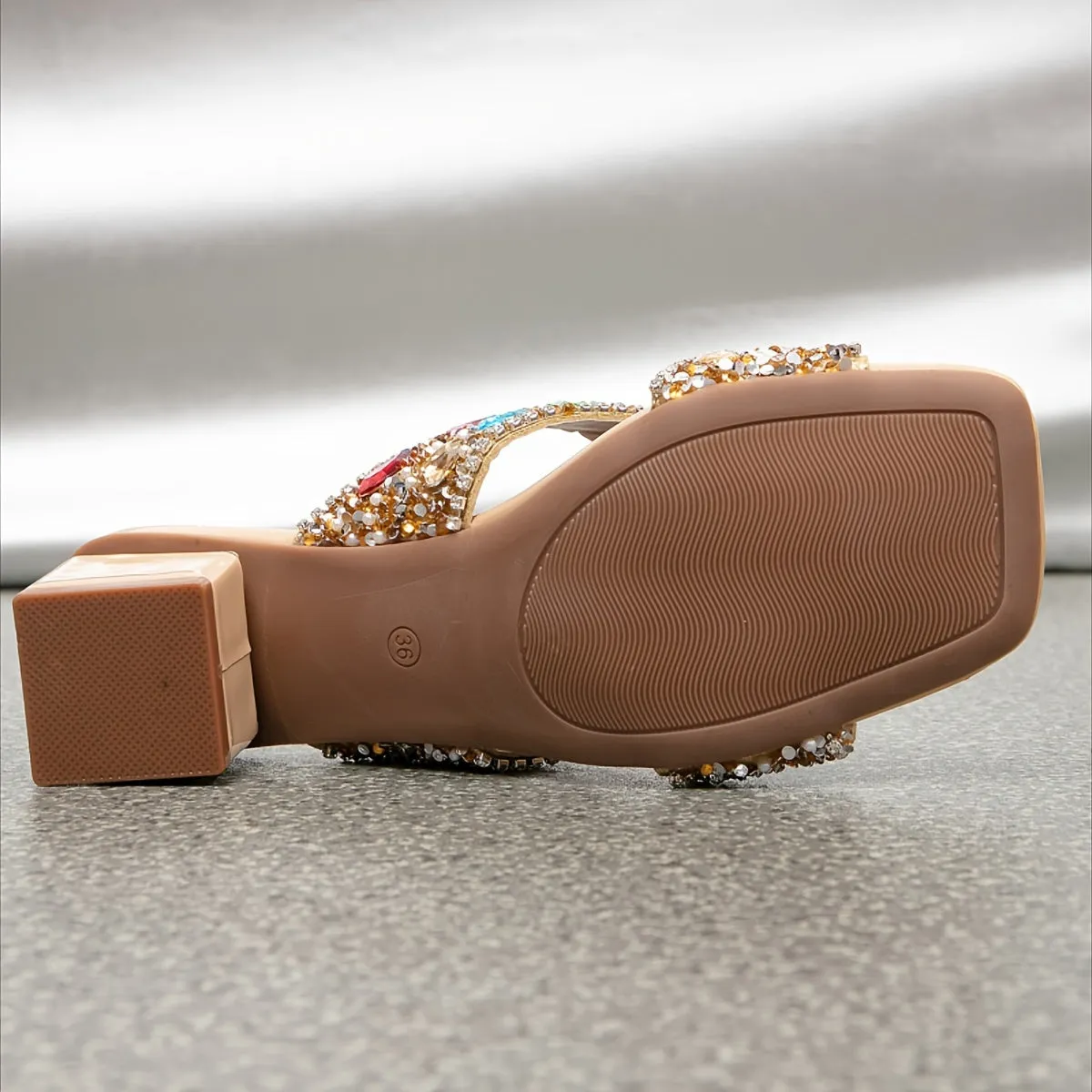 xieyinshe  Women's Colorful Rhinestone Decor Sandals, Slip On Glitter Casual Chunky Heels, Non-slip Summer Beach Slides
